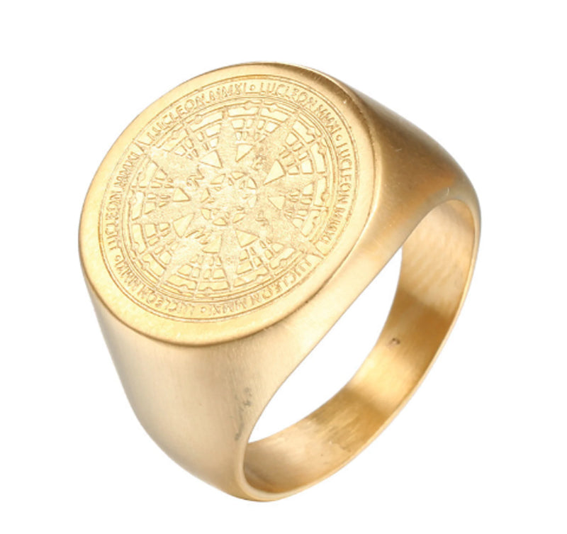 Mens Compass Ring Gold Stainless Steel